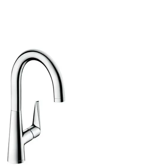 Spültischmischer in chromfarbener Ausführung von Hansgrohe, mit elegantem, geschwungenem Auslauf und einem Hebel zur Bedienung.